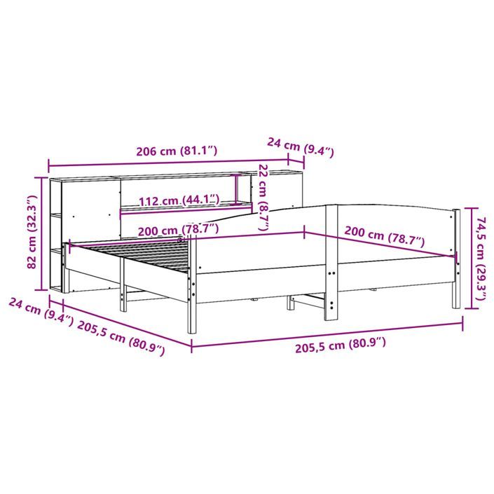 Lit bibliothèque sans matelas 200x200 cm bois massif de pin - Photo n°12