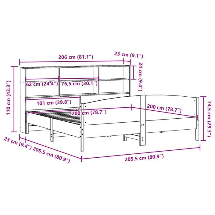 Lit bibliothèque sans matelas 200x200 cm bois massif de pin - Photo n°12