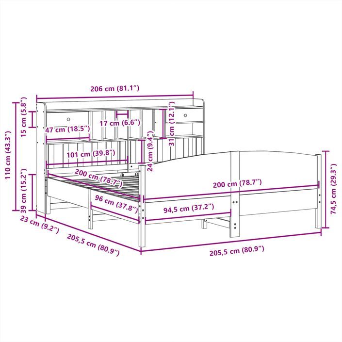 Lit bibliothèque sans matelas 200x200 cm bois massif de pin - Photo n°11