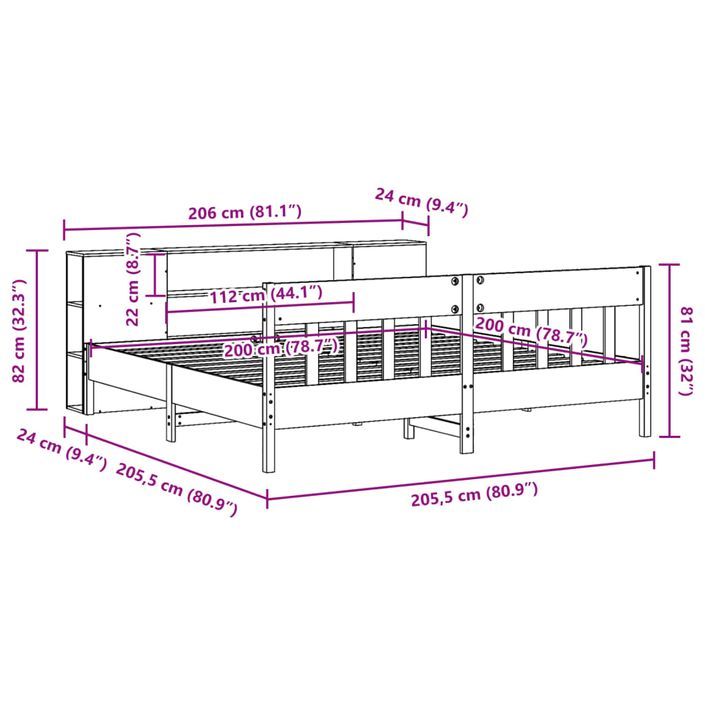 Lit bibliothèque sans matelas 200x200 cm bois massif de pin - Photo n°12