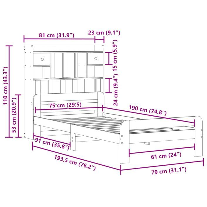 Lit bibliothèque sans matelas 75x190 cm bois de pin massif - Photo n°11