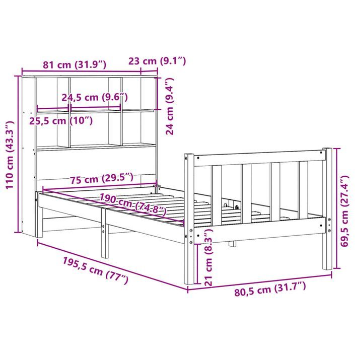 Lit bibliothèque sans matelas 75x190 cm bois de pin massif - Photo n°11