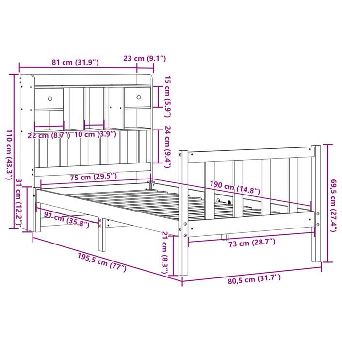 Lit bibliothèque sans matelas 75x190 cm bois de pin massif - Photo n°11