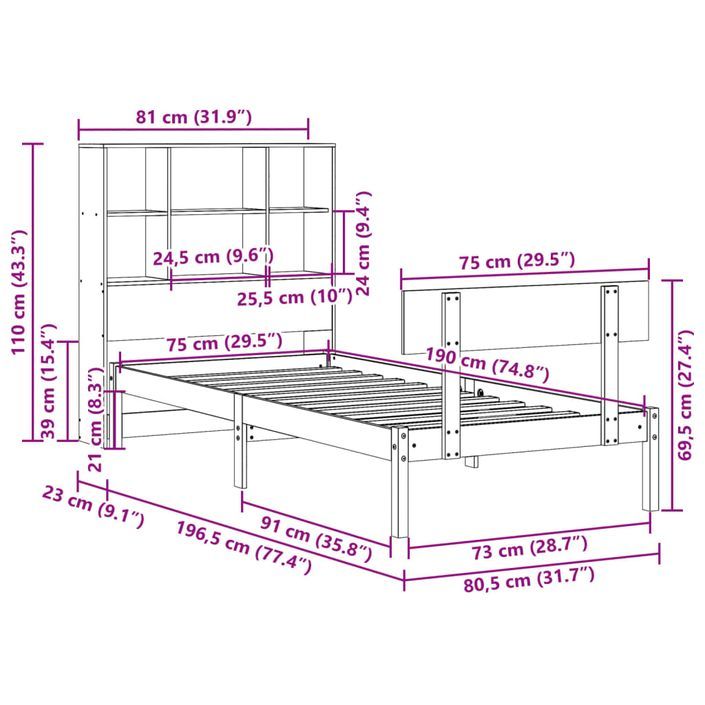 Lit bibliothèque sans matelas 75x190 cm bois de pin massif - Photo n°11