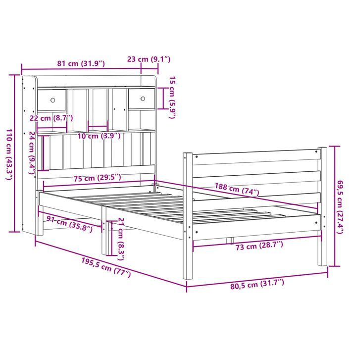 Lit bibliothèque sans matelas 75x190 cm bois de pin massif - Photo n°11