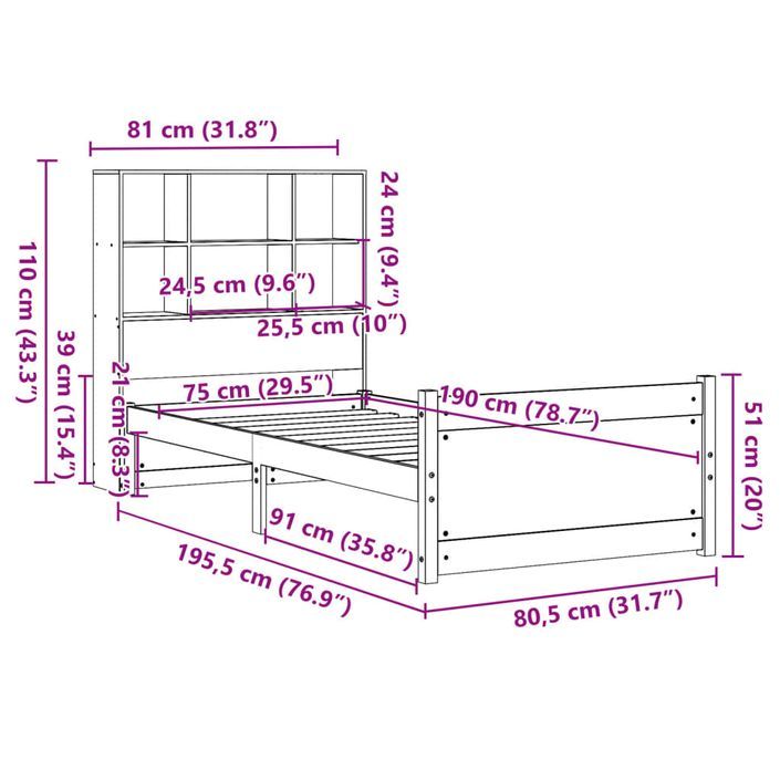 Lit bibliothèque sans matelas 75x190 cm bois de pin massif - Photo n°11