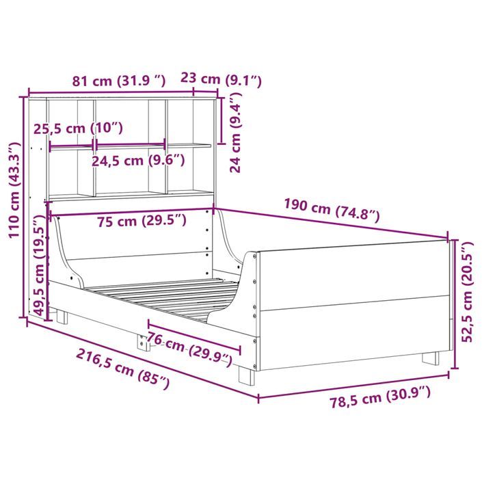 Lit bibliothèque sans matelas 75x190 cm bois massif - Photo n°12