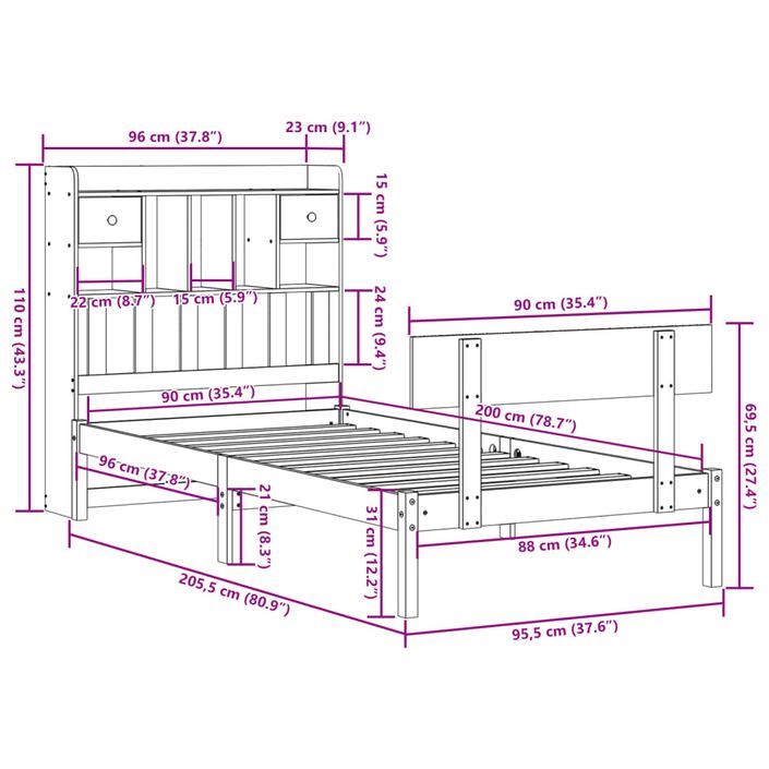 Lit bibliothèque sans matelas 90x200 cm bois de pin massif - Photo n°11