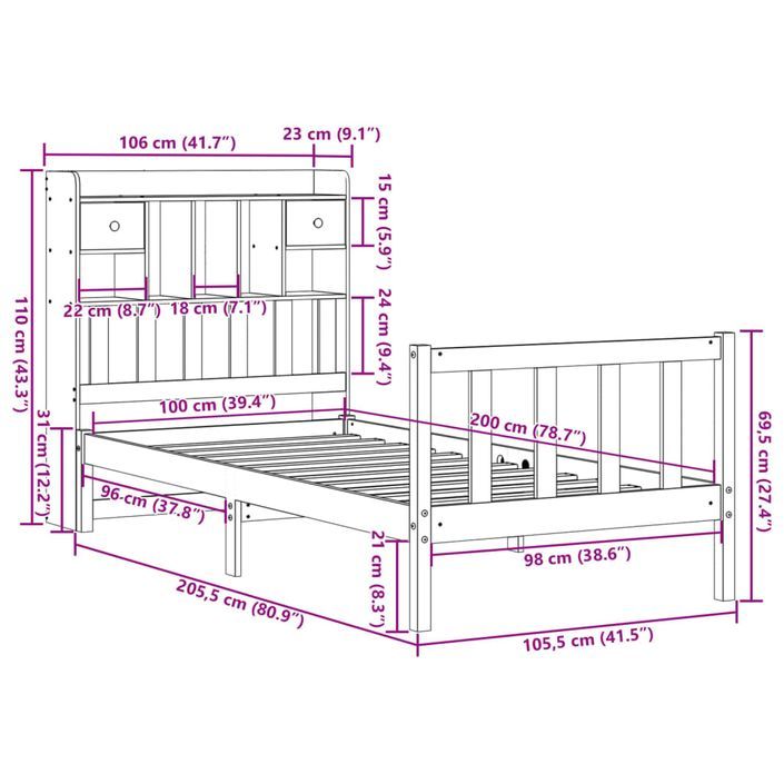 Lit bibliothèque sans matelas blanc 100x200 cm bois pin massif - Photo n°11