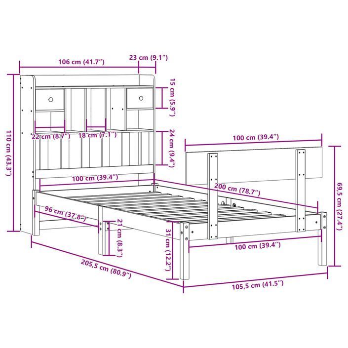 Lit bibliothèque sans matelas blanc 100x200 cm bois pin massif - Photo n°11