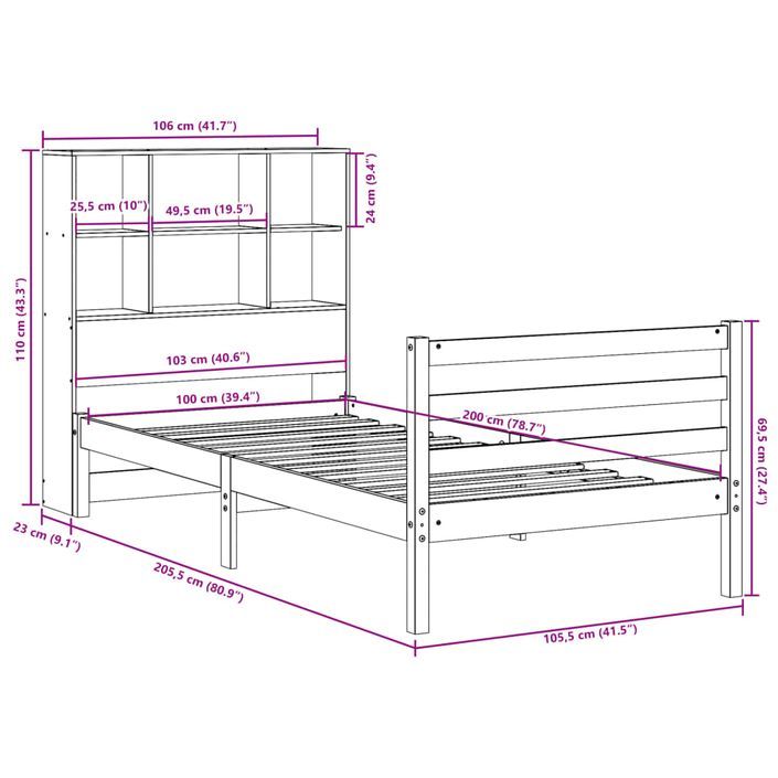 Lit bibliothèque sans matelas blanc 100x200 cm bois pin massif - Photo n°11