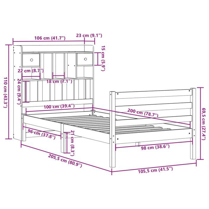 Lit bibliothèque sans matelas blanc 100x200 cm bois pin massif - Photo n°11