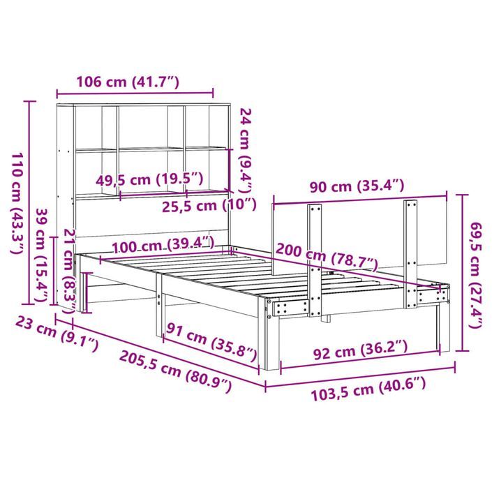 Lit bibliothèque sans matelas blanc 100x200 cm bois pin massif - Photo n°11