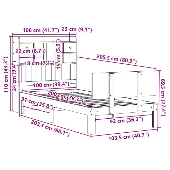 Lit bibliothèque sans matelas blanc 100x200 cm bois pin massif - Photo n°11