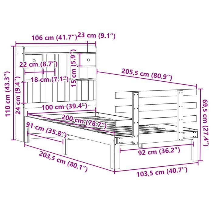 Lit bibliothèque sans matelas blanc 100x200 cm bois pin massif - Photo n°11