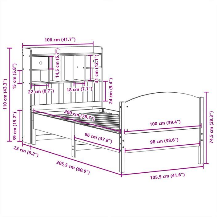 Lit bibliothèque sans matelas blanc 100x200 cm bois pin massif - Photo n°11