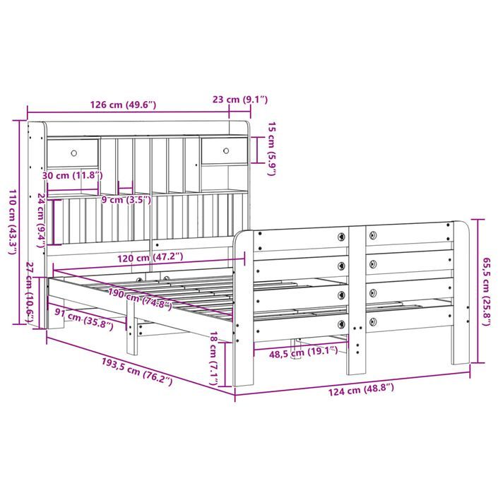 Lit bibliothèque sans matelas blanc 120x190 cm bois pin massif - Photo n°11