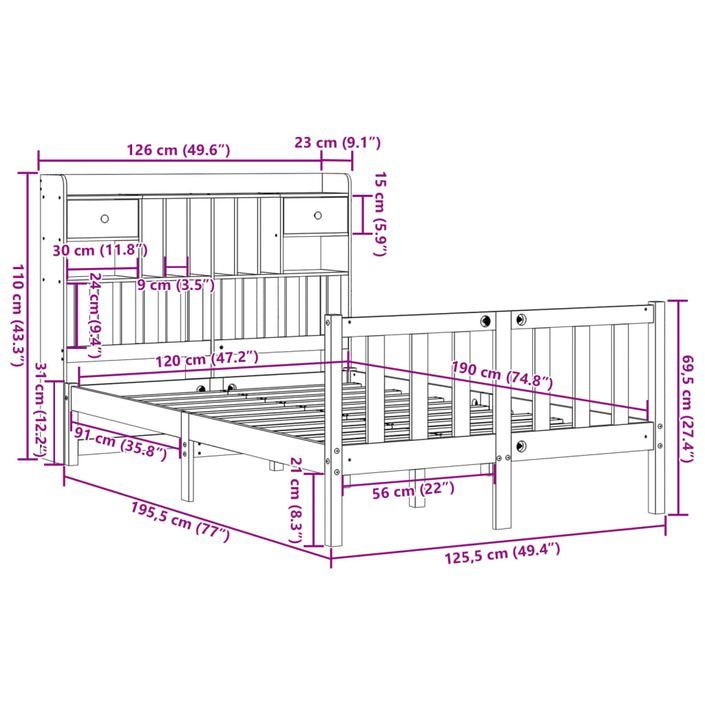 Lit bibliothèque sans matelas blanc 120x190 cm bois pin massif - Photo n°11