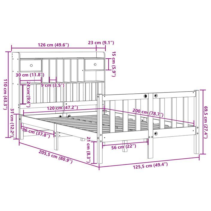 Lit bibliothèque sans matelas blanc 120x200 cm bois pin massif - Photo n°11