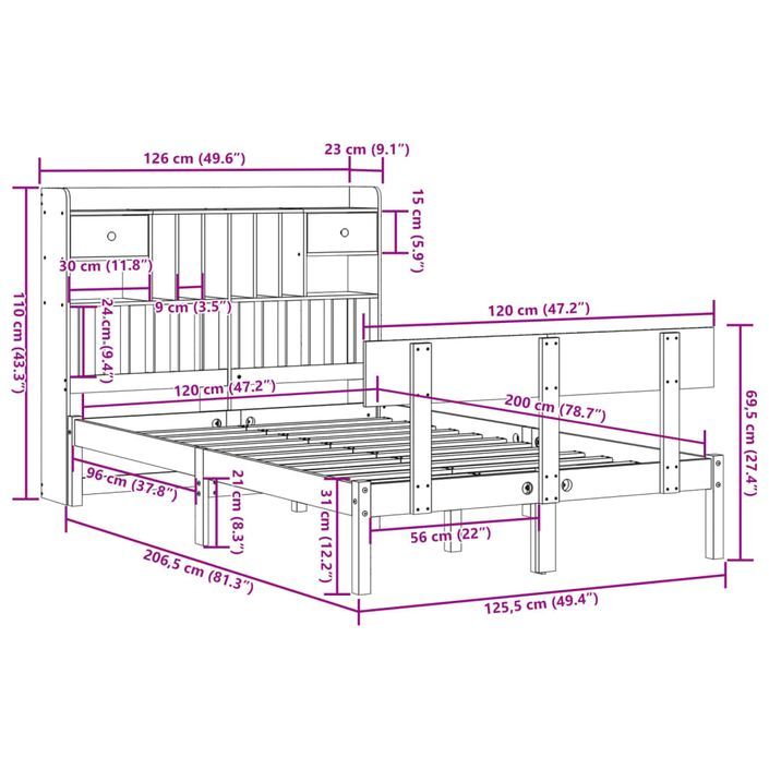 Lit bibliothèque sans matelas blanc 120x200 cm bois pin massif - Photo n°11