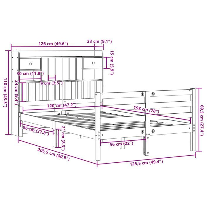 Lit bibliothèque sans matelas blanc 120x200 cm bois pin massif - Photo n°11