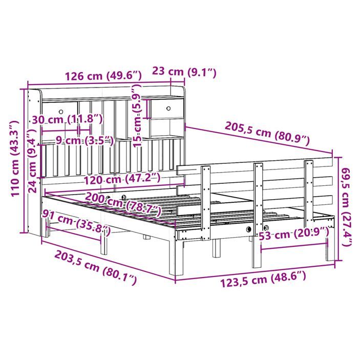 Lit bibliothèque sans matelas blanc 120x200 cm bois pin massif - Photo n°11