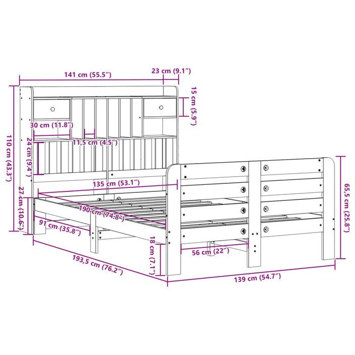 Lit bibliothèque sans matelas blanc 135x190 cm bois pin massif - Photo n°11