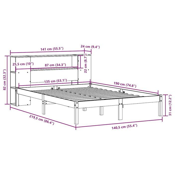 Lit bibliothèque sans matelas blanc 135x190 cm bois pin massif - Photo n°12