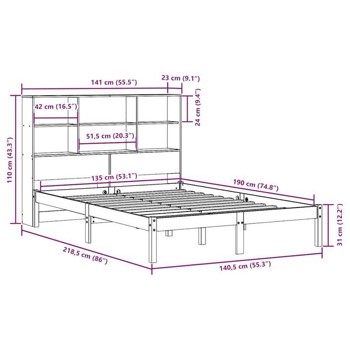 Lit bibliothèque sans matelas blanc 135x190 cm bois pin massif - Photo n°12