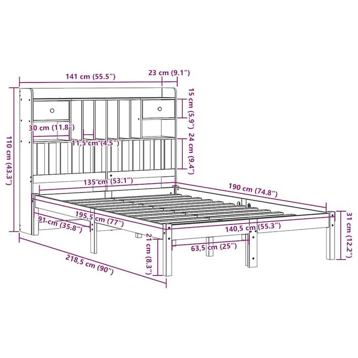 Lit bibliothèque sans matelas blanc 135x190 cm bois pin massif - Photo n°11