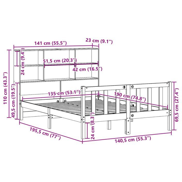 Lit bibliothèque sans matelas blanc 135x190 cm bois pin massif - Photo n°11