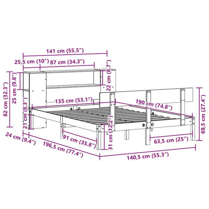 Lit bibliothèque sans matelas blanc 135x190 cm bois pin massif - Photo n°11