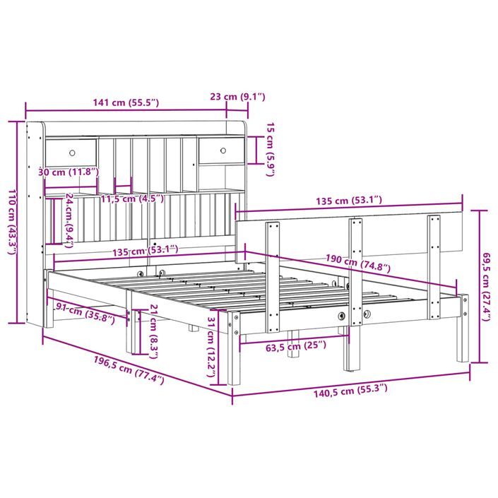 Lit bibliothèque sans matelas blanc 135x190 cm bois pin massif - Photo n°11