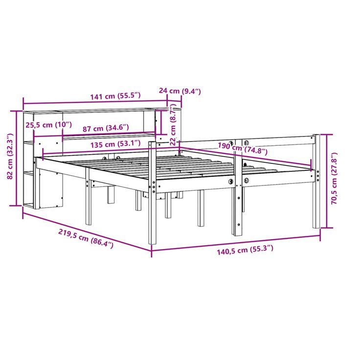 Lit bibliothèque sans matelas blanc 135x190 cm bois pin massif - Photo n°12