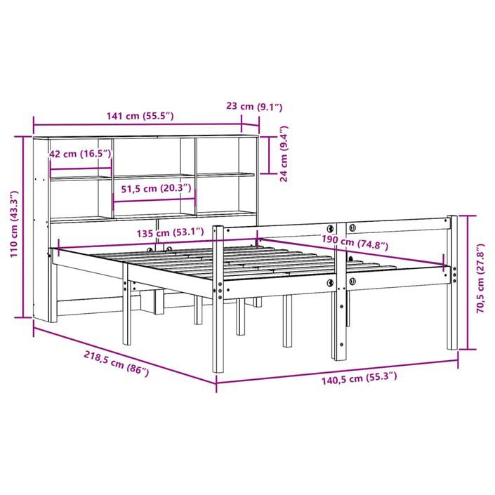 Lit bibliothèque sans matelas blanc 135x190 cm bois pin massif - Photo n°12