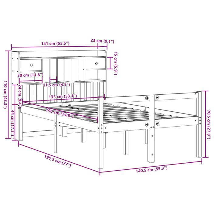 Lit bibliothèque sans matelas blanc 135x190 cm bois pin massif - Photo n°11