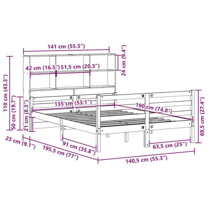 Lit bibliothèque sans matelas blanc 135x190 cm bois pin massif - Photo n°11