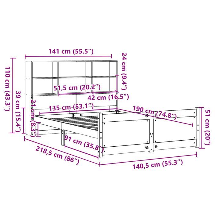 Lit bibliothèque sans matelas blanc 135x190 cm bois pin massif - Photo n°11