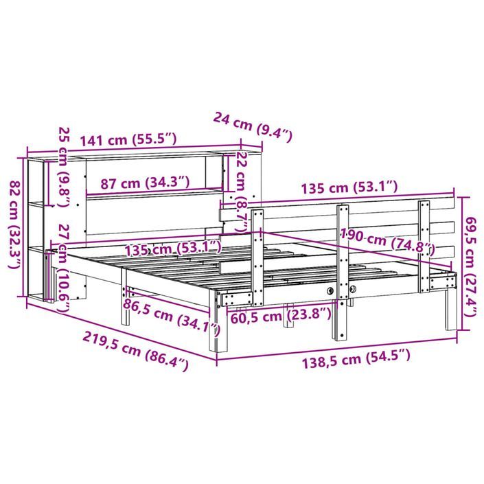 Lit bibliothèque sans matelas blanc 135x190 cm bois pin massif - Photo n°11