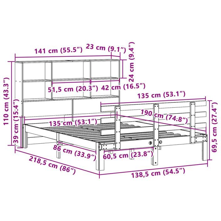 Lit bibliothèque sans matelas blanc 135x190 cm bois pin massif - Photo n°11