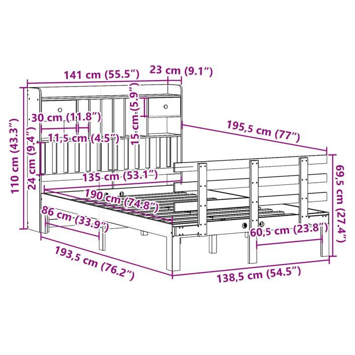 Lit bibliothèque sans matelas blanc 135x190 cm bois pin massif - Photo n°11