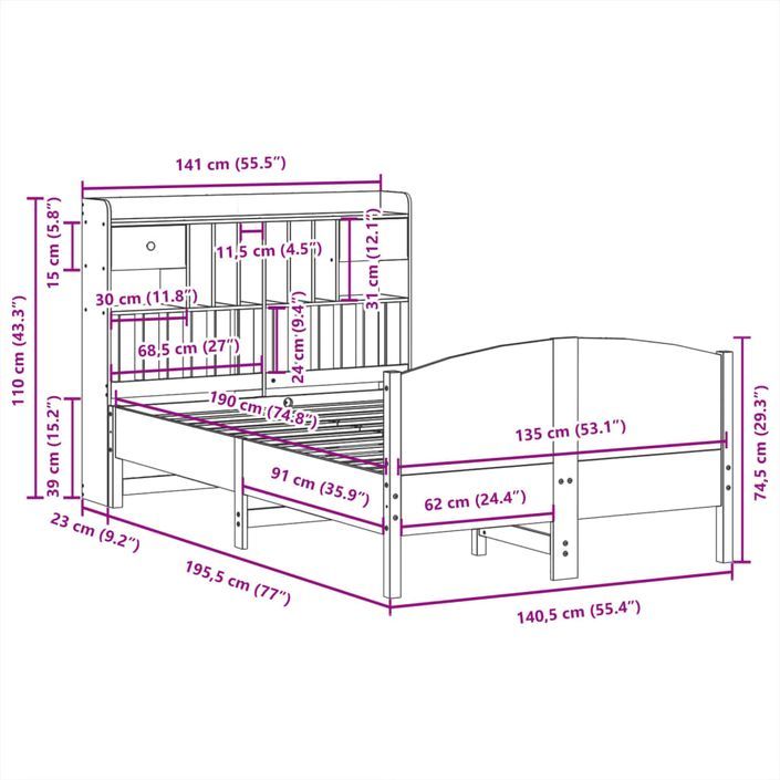 Lit bibliothèque sans matelas blanc 135x190 cm bois pin massif - Photo n°11