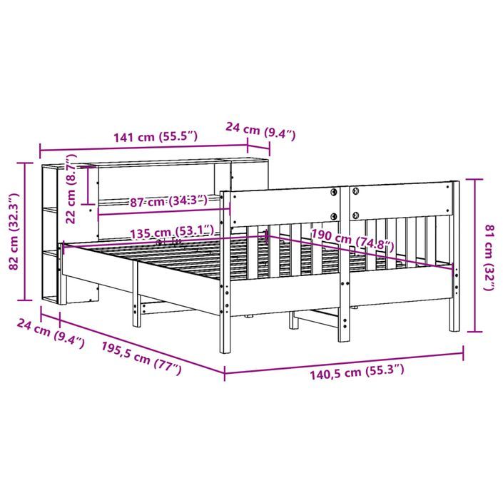 Lit bibliothèque sans matelas blanc 135x190 cm bois pin massif - Photo n°12