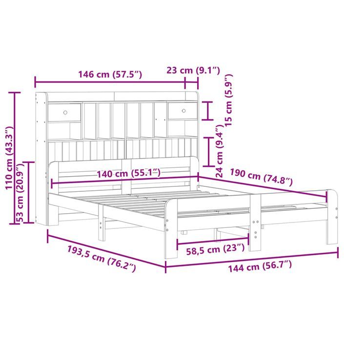 Lit bibliothèque sans matelas blanc 140x190 cm bois pin massif - Photo n°11