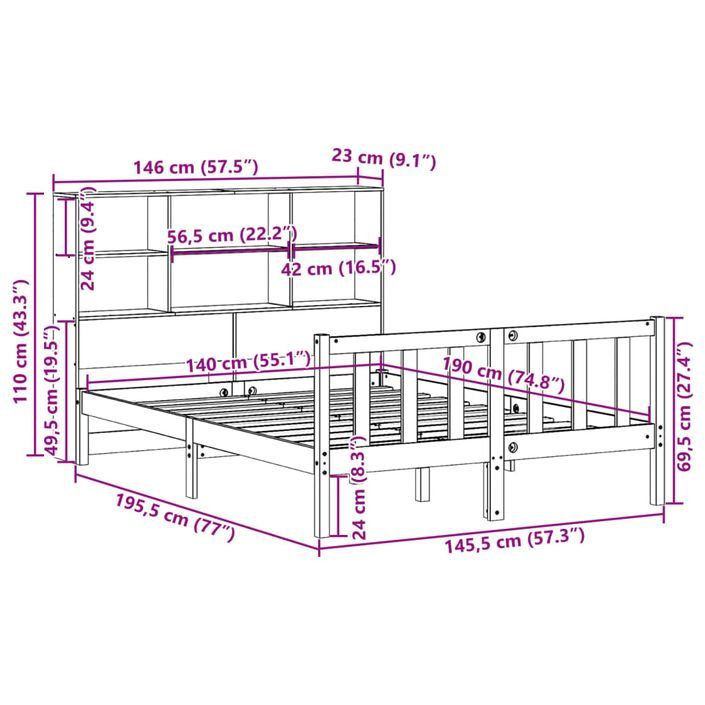 Lit bibliothèque sans matelas blanc 140x190 cm bois pin massif - Photo n°11