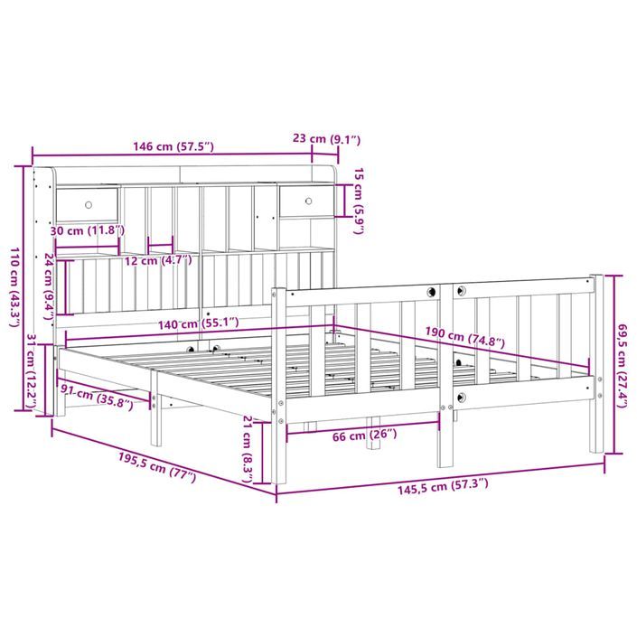 Lit bibliothèque sans matelas blanc 140x190 cm bois pin massif - Photo n°11