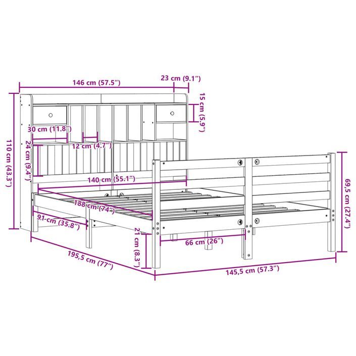 Lit bibliothèque sans matelas blanc 140x190 cm bois pin massif - Photo n°11