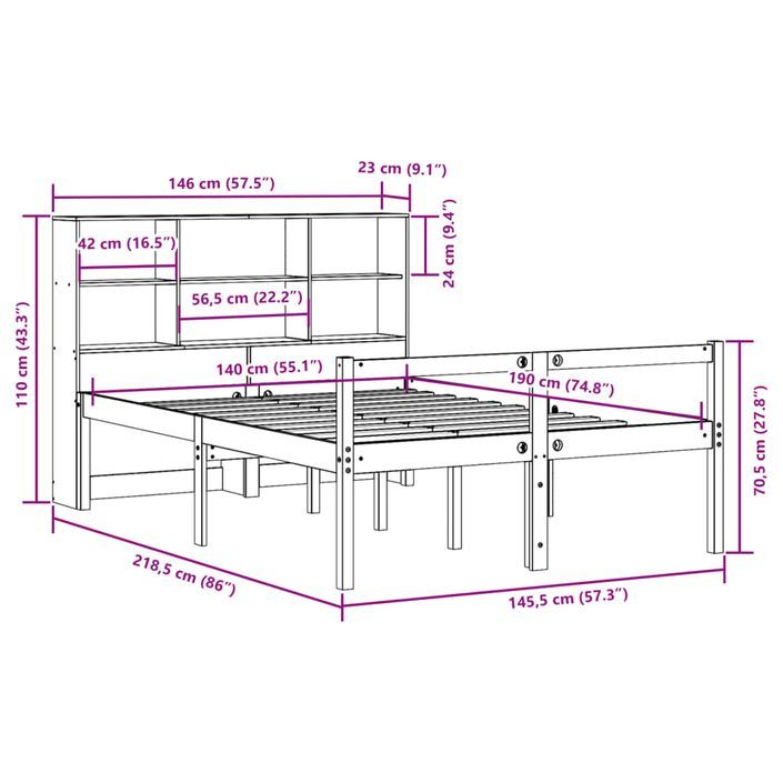 Lit bibliothèque sans matelas blanc 140x190 cm bois pin massif - Photo n°12