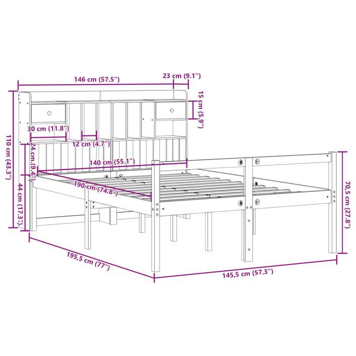 Lit bibliothèque sans matelas blanc 140x190 cm bois pin massif - Photo n°11