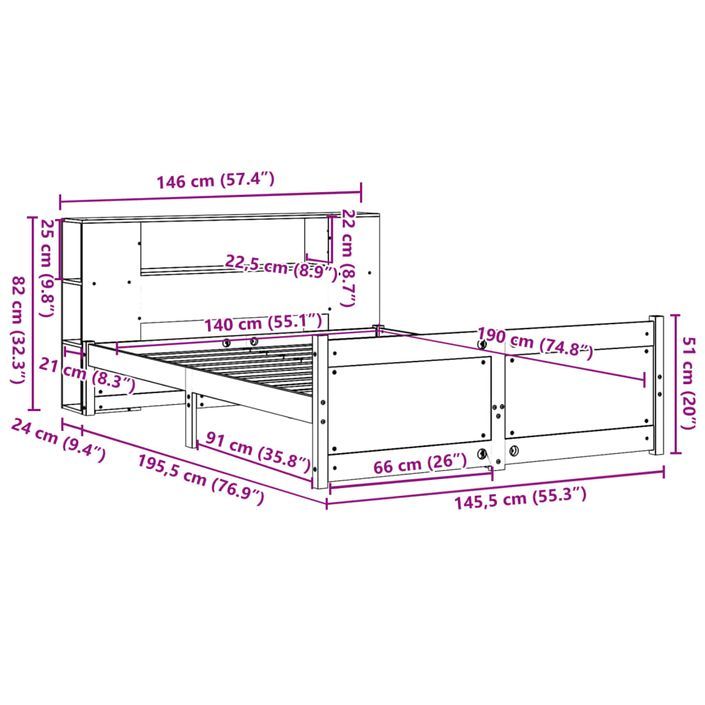 Lit bibliothèque sans matelas blanc 140x190 cm bois pin massif - Photo n°11